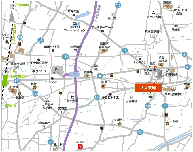 福岡法務局八女支局の案内図（出典: 法務省法務局公式サイト）